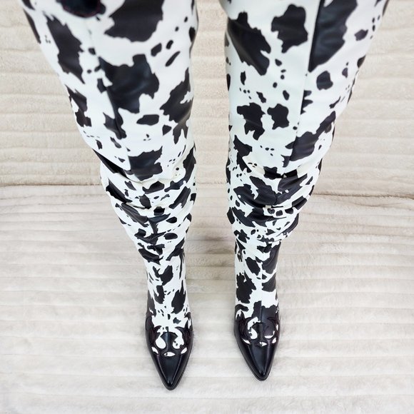 Western White & Black Cow Print OTK Thigh High Slouch Cowboy Boots - Picture 4 of 13
